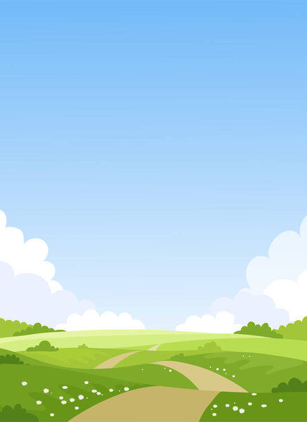 Card with a simple landscape, green meadows, blue sky with clouds. Spring natural background. Summer park with a trail. Vector illustration with copy space.