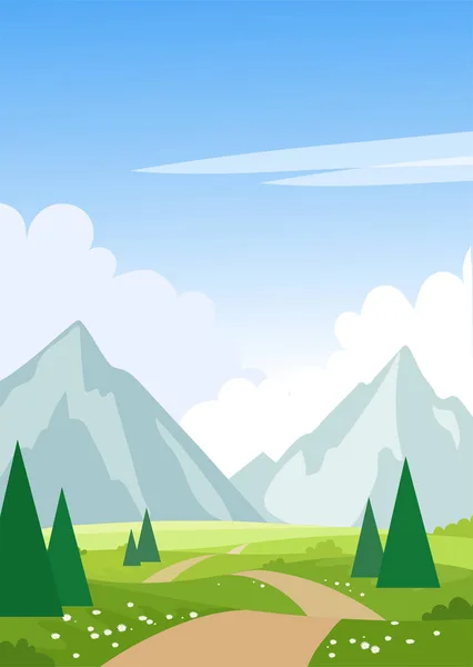 Paisaje de verano con montañas, árboles, caminos, prados. Imprimir con paisaje primaveral. Fondo natural moderno. Ilustración plana de dibujos animados con lugar para el texto . — Vector de stock