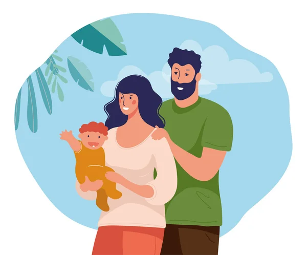美丽的家庭，有自然背景的孩子。妈妈和爸爸带着孩子快乐在白色背景上孤立的平面卡通矢量图像. — 图库矢量图片