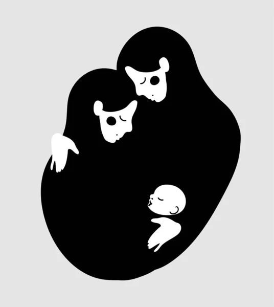 Coppia LGBT con un figlio. Due giovani lesbiche madri si abbracciano e si prendono cura del bambino. Icona, logo, cartello di famiglia. Illustrazione vettoriale isolata su sfondo bianco . — Vettoriale Stock