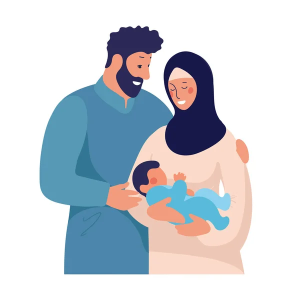 Traditionele Moslim Familie Met Pasgeboren Baby Gelukkig Knuffelt Arabische Man — Stockvector