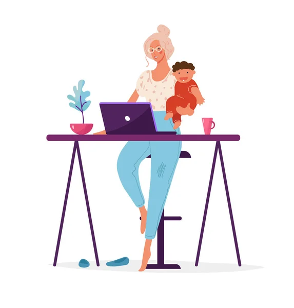 Una Donna Moderna Tiene Braccio Bambino Lavora Computer Illustrazione Concettuale — Vettoriale Stock