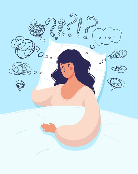Young Woman Lies Bed Suffers Insomnia Depression Unresolved Problems Concept — Stock Vector