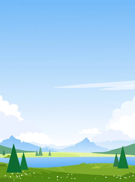 Beautiful summer mountain landscape with a lake. Spring fields and meadows with a river. Illustration for the design of tourism, travel, adventure. Vector