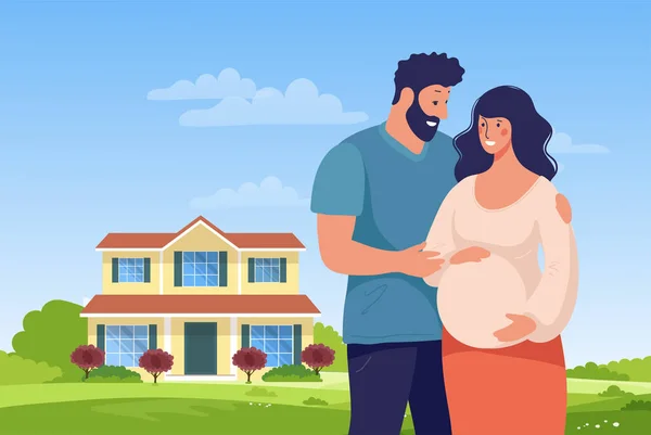赤ん坊を期待している若い夫婦が新しい家の背景に立っている 家族は新しい家に移動し 住宅を購入し アパートを借りる 漫画ベクトルイラスト — ストックベクタ