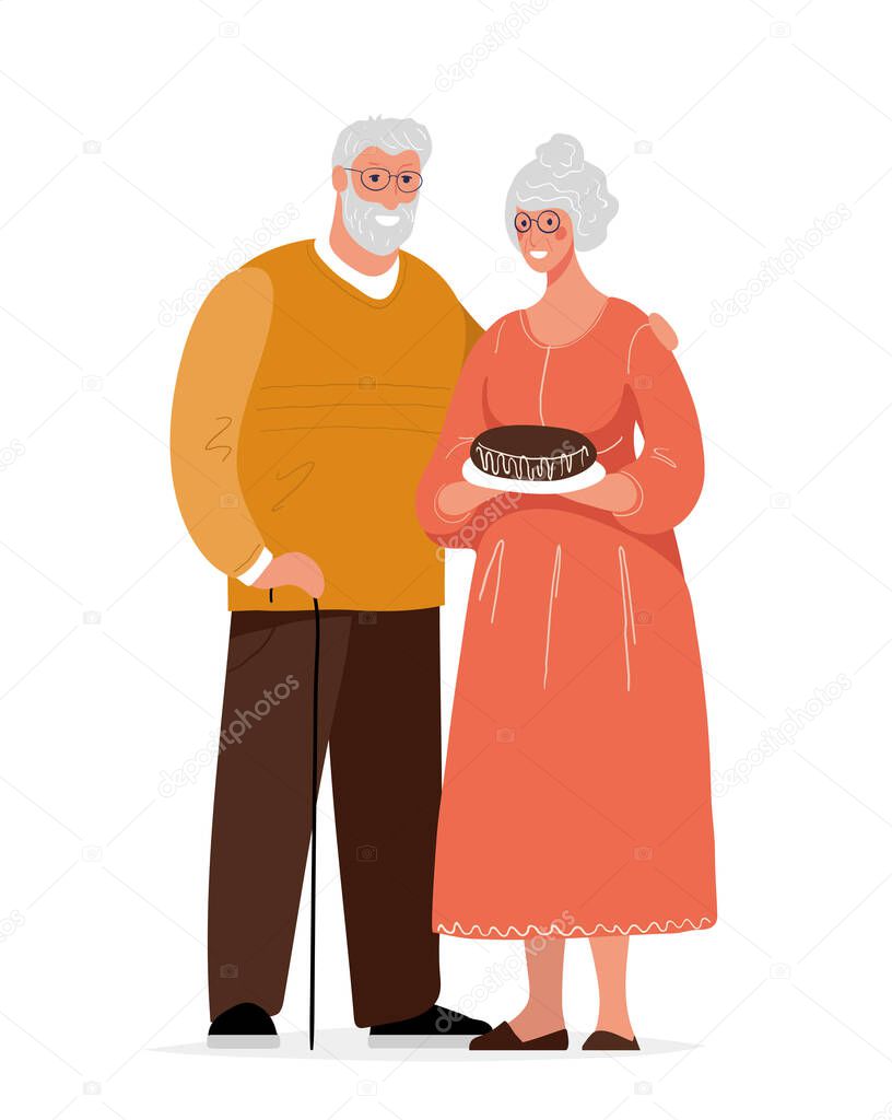 Cute elderly couple. Grandmother and grandfather. Grandpa with a cane and glasses hugs his wife. Happy granny with a pie. Flat cartoon vector illustration isolated on white background