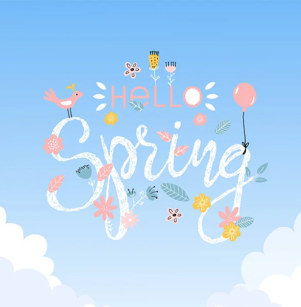 Beautiful Handwritten Inscription Sky Background Clouds Hello Spring Lettering White — Stock Vector