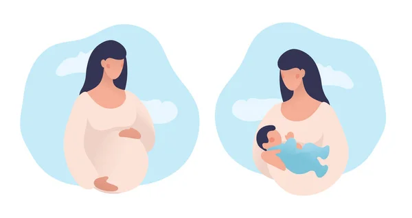 关于怀孕和生儿育女的一组说明 肚子在天空背景下的怀孕妇女 在自然背景下怀新生儿的女孩 在白色背景上孤立的平面存储向量图 — 图库矢量图片