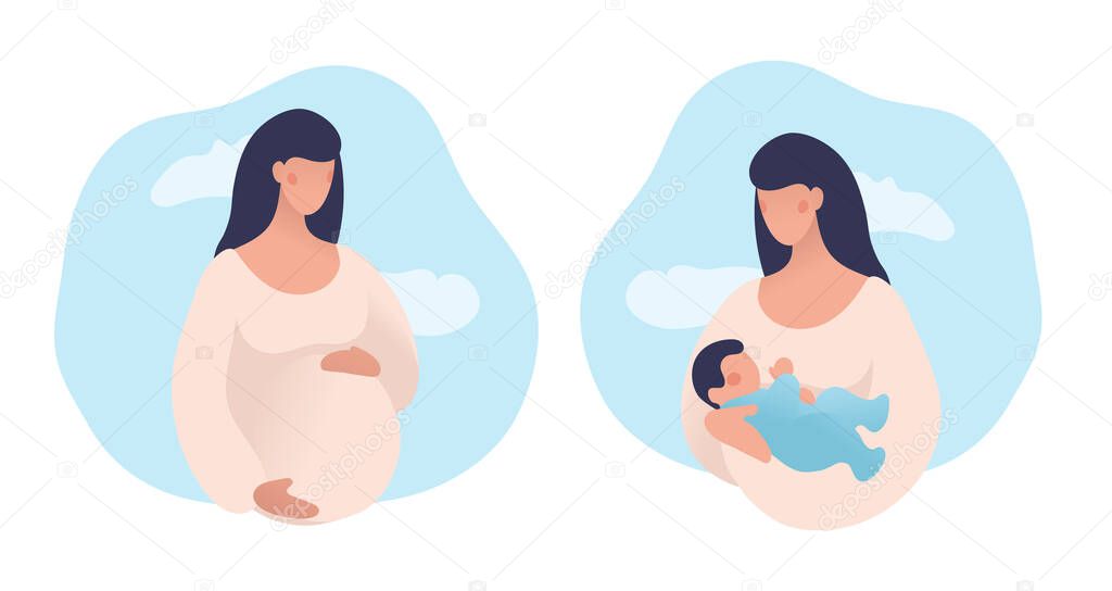 Set of illustrations about pregnancy and motherhood. Pregnant woman with tummy on a background of sky. Girl with a newborn baby on a natural background. Flat stock vector illustration isolated on a white background