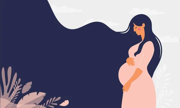妊娠や母親の近代的なバナー 長い髪とテキストのための場所を持つ美しい若い妊婦とポスター ミニマルデザイン フラット漫画のベクトルイラスト — ストックベクタ