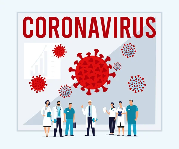 Coronavirus en China. El nuevo coronavirus 2019-nCoV Los médicos deciden tomar medidas para proteger a las personas de la epidemia. Cartel grande con la imagen del virus. Ilustración vectorial plana . — Archivo Imágenes Vectoriales