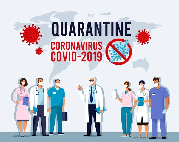 Вирус CoVID-19 распространился. Концептуальная векторная иллюстрация нового коронавируса 2019-nCoV. Карантин, защити себя, глобальную эпидемию, пандемию коронавируса. Информационный плакат с врачами и — стоковый вектор