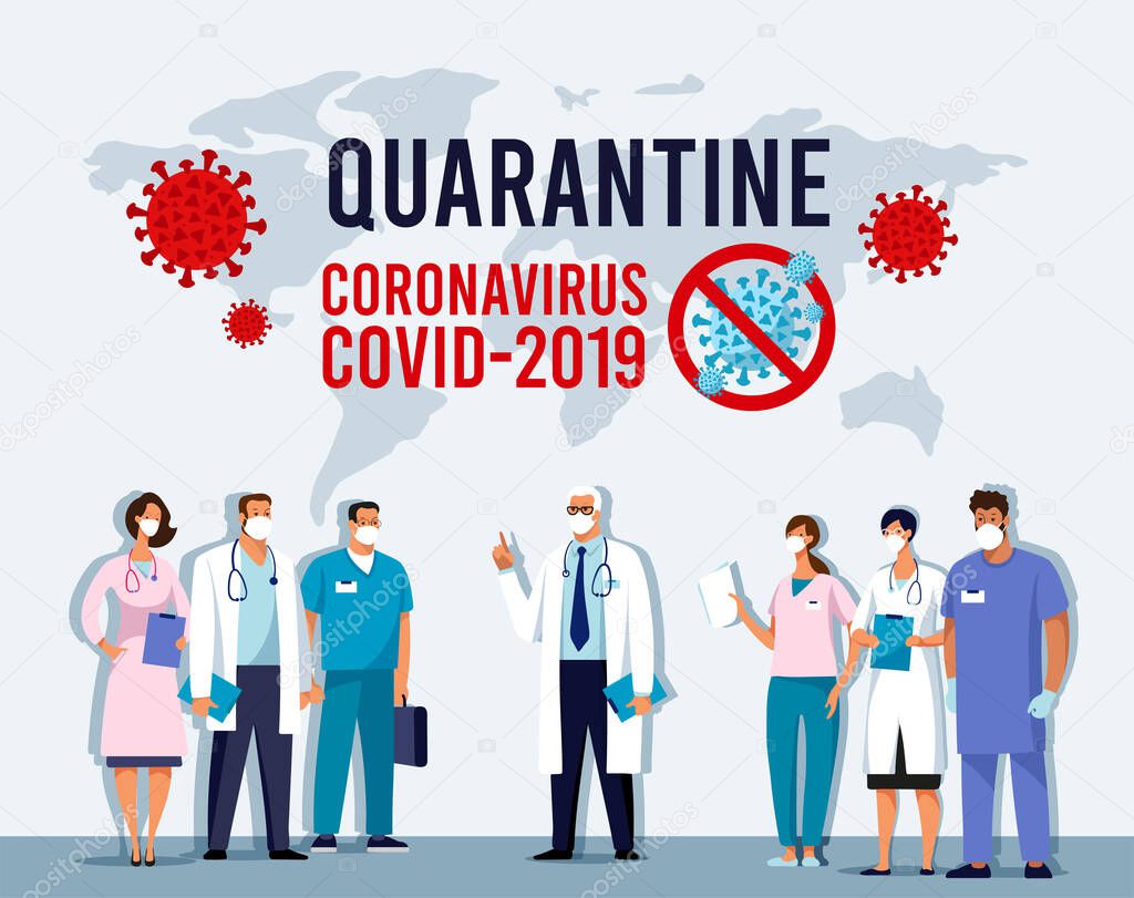CoVID-19 Virus outbreak spread. Novel coronavirus 2019-nCoV Conceptual vector illustration. Quarantine, protect yourself, the global epidemic, pandemic of the coronavirus. News poster with doctors and