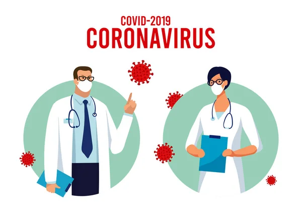 Вирус CoVID-19 распространился. Векторная иллюстрация нового коронавируса 2019-nCoV. Карантин, защити себя, глобальную эпидемию, пандемию коронавируса. плакат с врачами . — стоковый вектор