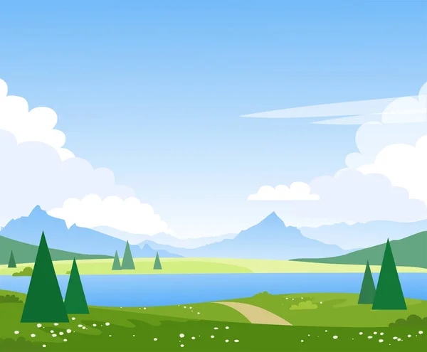 Hermoso paisaje de montaña de verano con un lago. Campos de primavera y prados con un río. Ilustración para el diseño de turismo, viajes, aventura. Vector . — Vector de stock