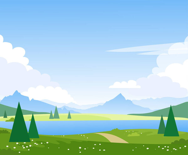 Красивый летний горный пейзаж с озером. Весенние поля и луга с рекой. Иллюстрация для дизайна туризма, путешествий, приключений. Вектор
.