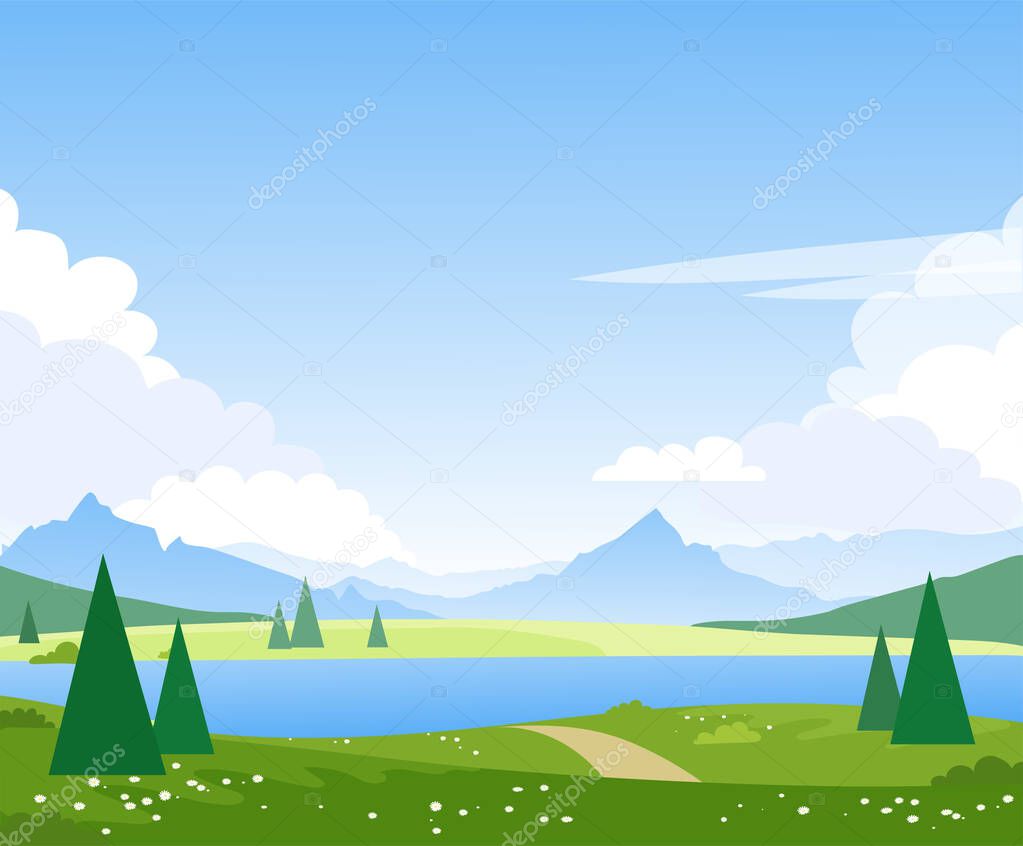 Beautiful summer mountain landscape with a lake. Spring fields and meadows with a river. Illustration for the design of tourism, travel, adventure. Vector.