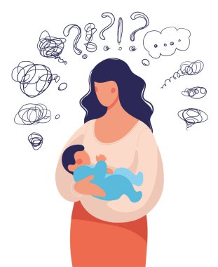 A woman with a child in her arms asks herself many questions. Conceptual illustration about postpartum depression, help for a young mother, family support. Flat cartoon illustration isolated on white clipart