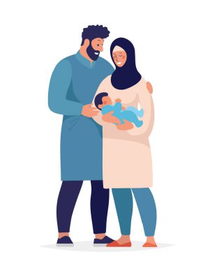 Geleneksel Müslüman aile yeni doğmuş bebekle ayakta duruyor. Mutlu Arap adam tesettürlü çocuk ve karısına sarılıyor. Düz çizgi film çizimi beyaz arkaplanda izole edildi.