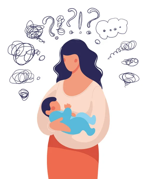 Una mujer con un hijo en sus brazos se hace muchas preguntas. Ilustración conceptual sobre la depresión posparto, ayuda para una madre joven, apoyo familiar. Ilustración plana de dibujos animados aislada en blanco — Vector de stock