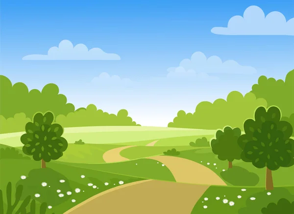 Arbres de printemps à la ferme. Collines vertes et prairies, ciel bleu avec nuages, fleurs et arbres. Carte avec paysage printanier ou estival. Illustration vectorielle plate . — Image vectorielle
