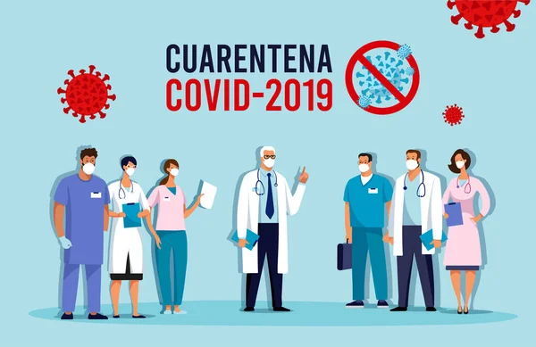 Covid-19 바이러스 발생. Novel coronavirus 2019-nCoV Conceptual vector illustration. 스페인 과 라틴 아메리카 에서 격리중이고 스페인어로 쓰여져 있어요. 개념 벡터 일러스트. 보호 — 스톡 벡터