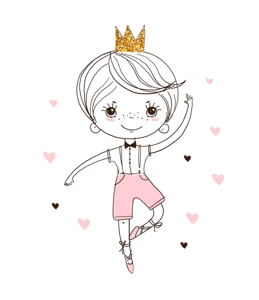 Χαριτωμένος χορευτής. Ο μικρός πρίγκιπας χορεύει μπαλέτο. Παιδική κάρτα με χαρακτήρα, σχέδιο στο χέρι, γραμμικό σκίτσο. Εικονογράφηση διανύσματος που απομονώνεται σε λευκό φόντο. — Διανυσματικό Αρχείο