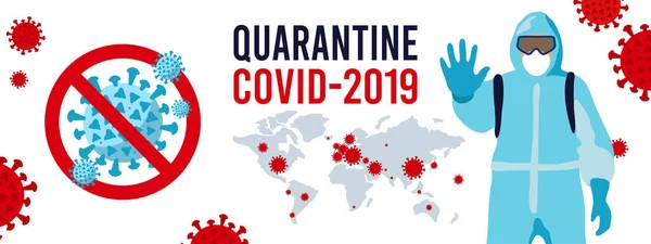 CoVID-19 virüs salgını yayıldı. Romantik Coronavirus 2019-nCoV Kavramsal Vektör Çizimi. Karantina, dünya çapında koronavirüs salgını. Dünya haritası, virüs işaretini durdur. Haber afişi. — Stok Vektör