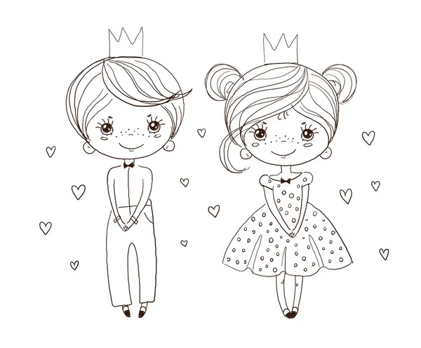 Coloring Book Girls Little Prince Princess Ball Gown Linear Drawing — Stock Vector