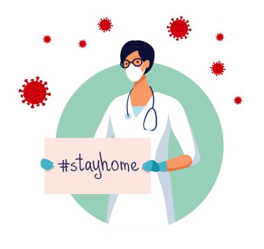 CoVID-19 virüsün yayılması. Yeni Coronavirus 2019-nCoV pozitif karantina kendini izole etme posteri. Kadın doktor elinde 