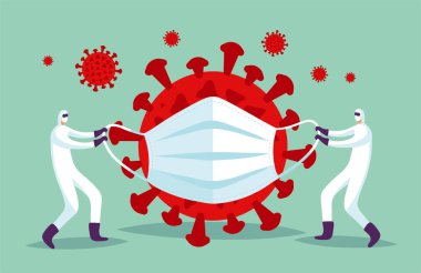 Use a medical mask to protect against coronavirus. Concept illustration, two doctors are fighting the spread of the virus during the epidemic. Vector illustration clipart