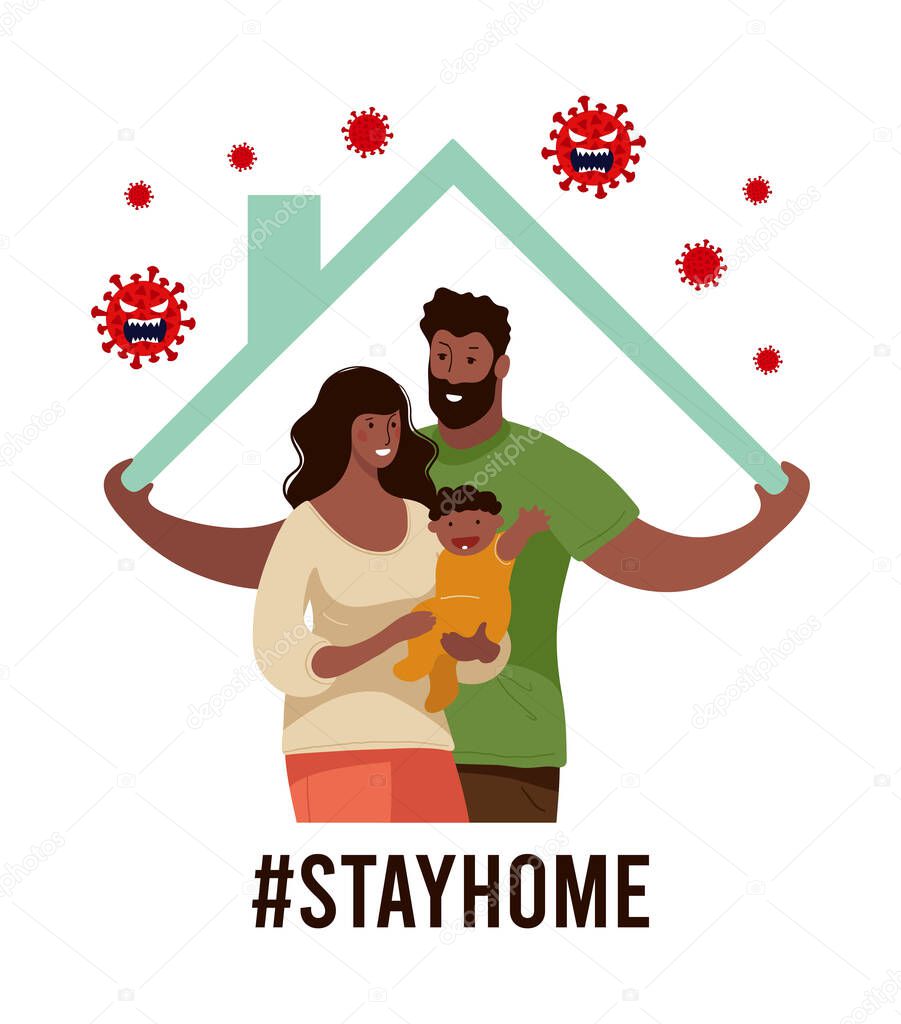 A black family in self isolation at home. Poster stay home during the coronavirus epidemic. Fight the spread of the disease, protect yourself, help doctors. Conceptual flat vector illustration.