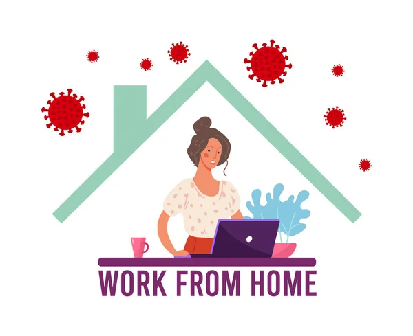 A plakát maradjon otthon. Boldog nő, aki távolról dolgozik otthonról, számítógépet használ. A digitális technológiával és az internettel való együttműködés koncepciója a koronavírus járvány idején. Vektorlapos illusztráció. — Stock Vector