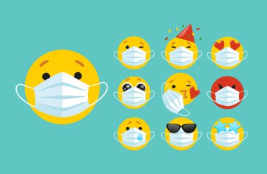 Yüzünde tıbbi maske olan bir dizi emoji. Farklı yuvarlak sarı emoticonlar koronavirüsün yayılmasına karşı korur. Sosyal ağlar için bir dizi emoji, kişisel izolasyon. Düz vektör illüstrasyonu.
