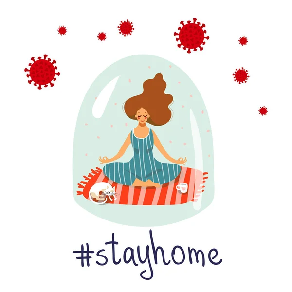 A lány otthon meditál. A plakát maradjon nyugodt, maradjon otthon. Önizolációs koncepció, koronavírus járvány CoVID-19. Vektorlapos illusztráció. — Stock Vector