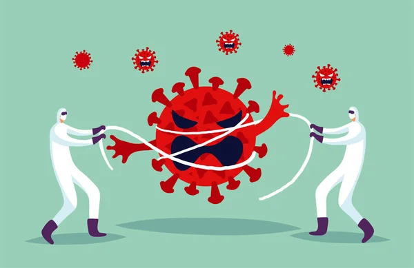 概念図では、 2人の医師がパンデミックCOVID-19中にウイルスの拡散と戦っています。ウイルスとの戦い、漫画風のポスター。ベクターイラスト. — ストックベクタ