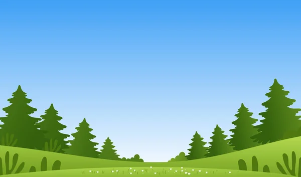 Prado moderno primavera com grama verde e flores silvestres. Bunner com paisagem de verão, floresta de coníferas, céu azul com nuvens. Ilustração vetorial simples . — Vetor de Stock