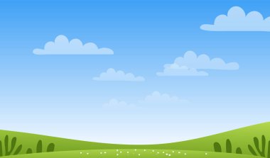 Güneşli bahar veya yaz manzarası, çayırlar, bulutlu gökyüzü, yazı için yer. Yeşil çiftlik bayrağı, doğa ve ekolojiyle ilgilenme konsepti. Kopyalama uzayı ile düz çizgi film vektör çizimi.