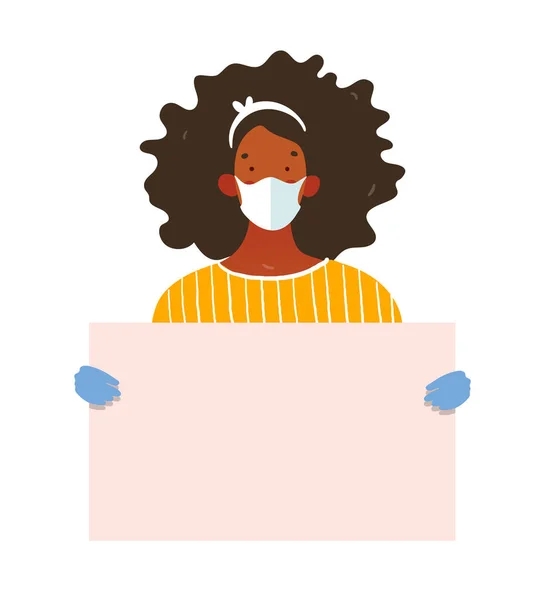의료용 마스크와 장갑을 끼고 있는 한 흑인 여성 이 텍스트를 위한 위치가 적힌 포스터를 들고 있다. 디자인의 틀, 코로나 바이러스 유행 컨셉트 삽화, 건강 보호. 플랫 벡터 일러스트. — 스톡 벡터