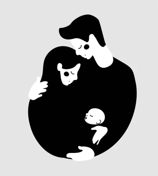 Pareja tradicional con bebé hombre y mujer. Los padres jóvenes, papá y mamá se abrazan y cuidan del niño. Icono, logotipo, signo familiar. Ilustración vectorial aislada sobre fondo blanco . — Vector de stock