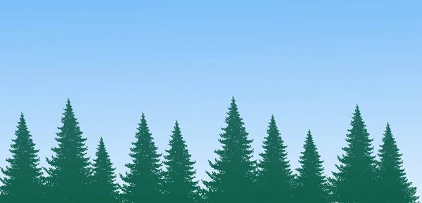 Silueta del bosque en el fondo del cielo. Bosque de abetos, pinos en fila. Fondo natural simple moderno. Fondo natural con lugar para el texto. Ilustración vectorial . — Vector de stock