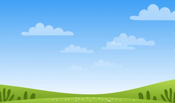 Paysage ensoleillé au printemps ou en été, prairies, ciel nuageux, lieu de texte. Bannière de ferme verte, concept de soin de la nature et de l'écologie. Illustration vectorielle de dessin animé plat avec espace de copie . — Image vectorielle