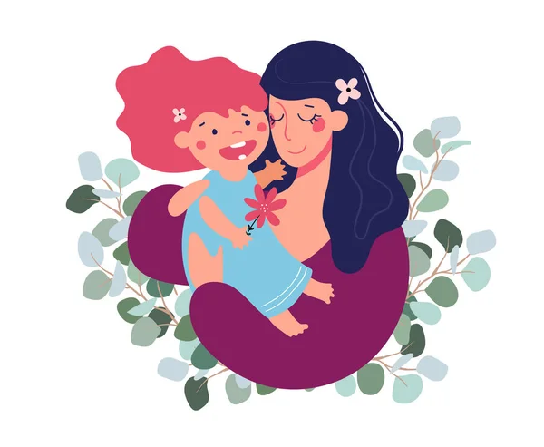 Moederdag begroeting sjabloon. Mam knuffelt haar dochter. Familie en moederschap concept. Platte cartoon vector illustratie. — Stockvector