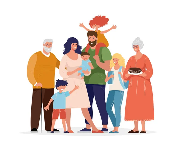 A large happy family is standing and hugging. Several generations, grandparents, parents with children, grandchildren. Flat cartoon vector illustration. — 스톡 벡터