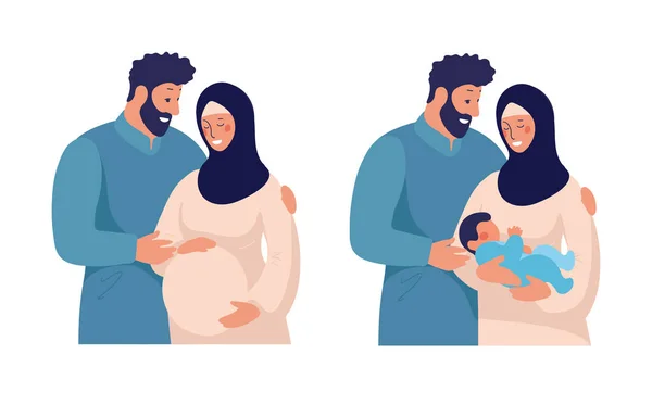 Traditional muslim family, pregnancy and child birth in arab couple. A pregnant woman in a hijab and a national costume with her husband and baby. Set of characters for design. Flat vector — Stock Vector