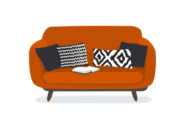 Komfortowa Nowoczesna Czerwona Sofa Poduszkami Płaska Ilustracja Wektora Kreskówki Vintage — Wektor stockowy