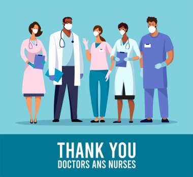 CoVID-19 virüsün yayılması. Yeni Coronavirus 2019 nCoV Poster. Teşekkürler doktor ve hemşireler. Coronavirüs salgını sırasındaki tıbbi ekip sağ olsun. Vektör illüstrasyonu.
