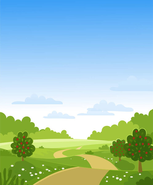 Привет, осень. Фруктовые деревья с урожаем на ферме. Зеленые холмы и луга, голубое небо с облаками, яблоки на деревьях. Карточка с летним пейзажем. Плоская векторная иллюстрация
