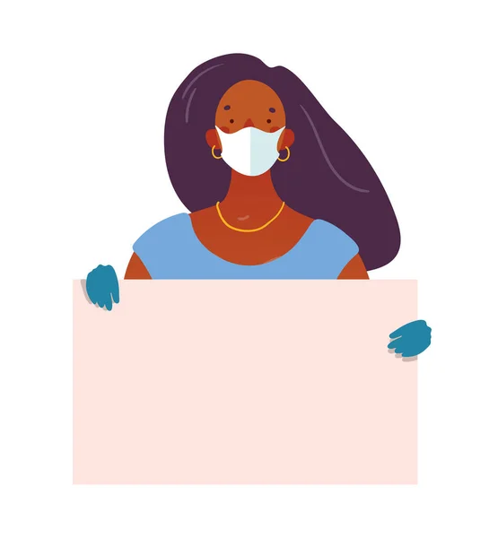 의료용 마스크와 장갑을 끼고 있는 한 흑인 여성 이 텍스트를 위한 위치가 적힌 포스터를 들고 있다. 디자인의 틀, 코로나 바이러스 유행 컨셉트 삽화, 건강 보호. 플랫 벡터 일러스트. — 스톡 벡터