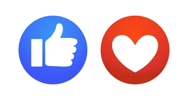 Vlakke hand en hart, tekenen van reactie in sociale netwerken. Afkeer en emoticon, ronde blauwe symbool duimen omhoog, rood pictogram met hart, liefde en dergelijke. Vectorillustratie. — Stockvector